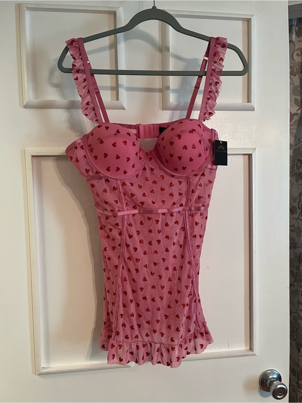 Pink Heart-Print Lace Lingerie